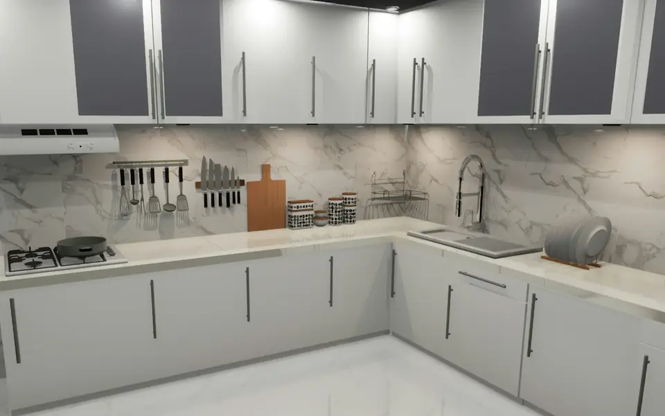 Cocina moderna con muebles grises y encimera clara